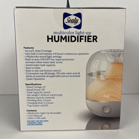 Sealy Humidifier Multicolor Light Up Low Noise Aroma Diffuser Rechargeable - Picture 2 of 6